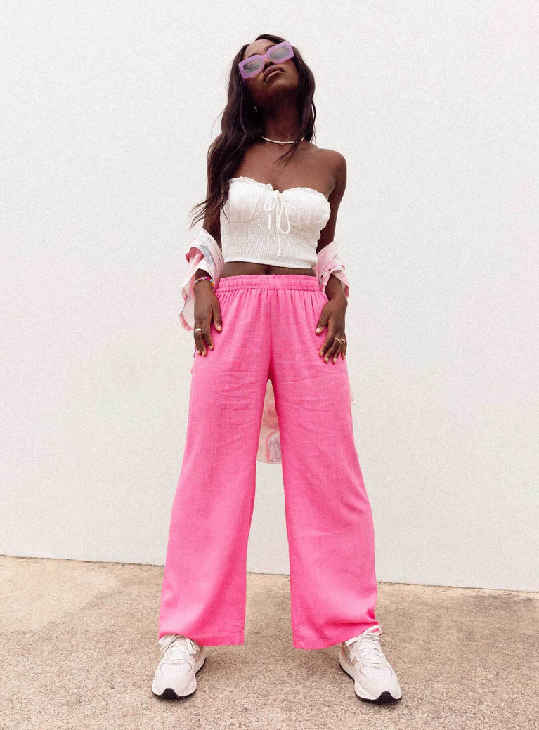 front view of model wearing Princess Polly Louis Linen Blend Pants Pink 