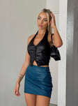   side view of model wearing Princess Polly Martha Mini Skirt Blue 