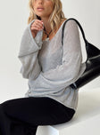 Grey sweater Sheer knit material V neckline Drop shoulder Rolled hem and cuff Good stretch Unlined 