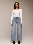 Wide leg jeans mid-wash denim Belt looped waist five pocket design zip and button fastening