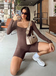 Long sleeve romper Ribbed material Open neckline Slight ruching at bust