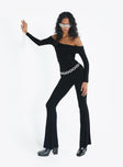 Long sleeve jumpsuit Off the shoulder design Folded neckline Inner silicone strip at bust Good stretch Lined bust