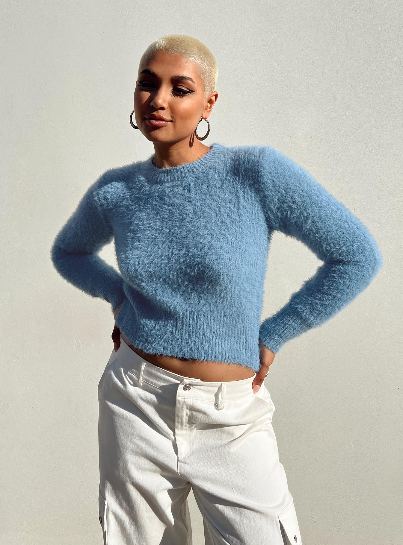 Fluffy blue outlet sweater