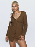 Brown long sleeve mini dress Ribbed knit material Plunging neckline Button front fastening