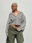 Grey cropped sweater Soft knit material V neckline Oversized collar Balloon style sleeves Drop shoulder