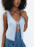 Blue vest top Ruffle trimming Wide neckline Tie fastening at bust