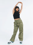 Cargo pants High rise Belt looped waist Zip and button fastening Drawstring at waist Seven pocket design Faux back pockets Straight leg