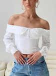 Off-the-shoulder long sleeve top, anglaise material Folded neckline, button detail, invisible zip fastening at side, twin button cuff Non-stretch, fully lined 