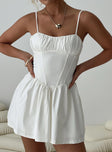 Mini dress Sweetheart neckline, ruched bust, boning throughout, adjustable shoulder straps, invisible zip fastening at back 