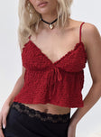 V-neck crop top, crinkle material  Adjustable shoulder straps, frill trimming, elasticated under bust band, fixed tie detail at bust 