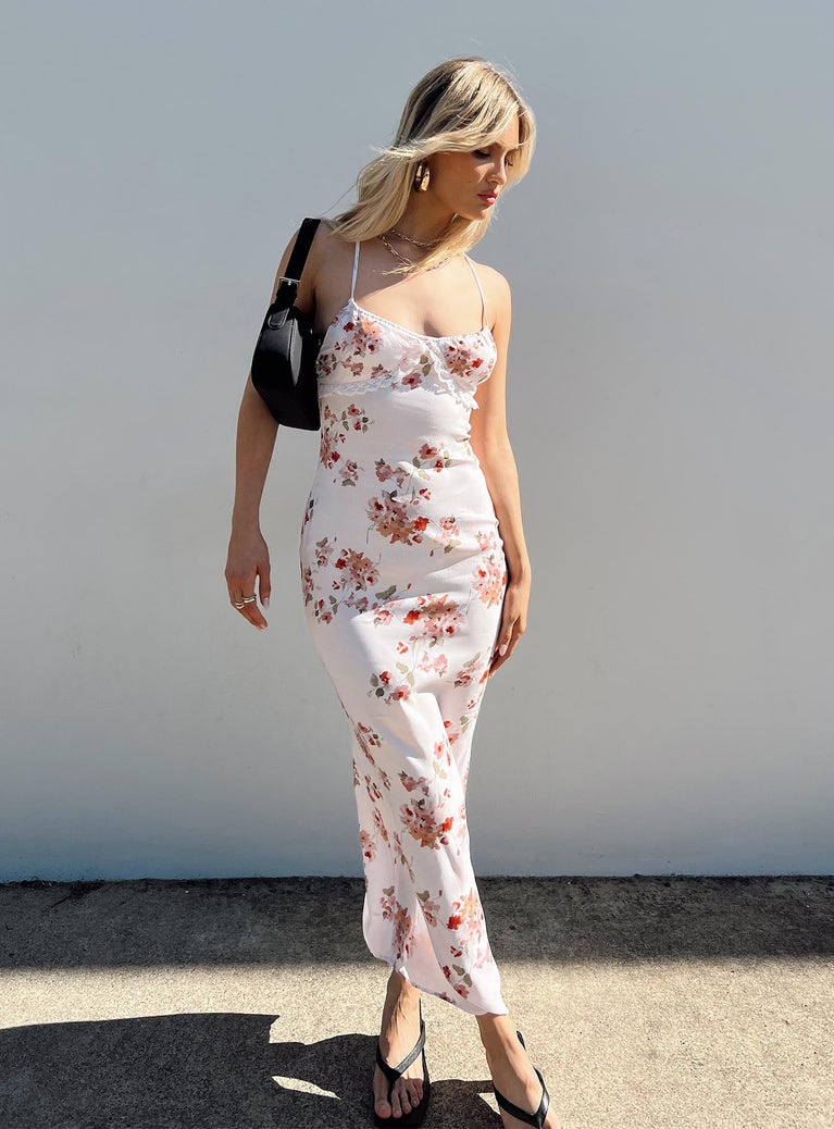 Maxi dress Floral print Adjustable shoulder straps with tie fastening at back Scooped neckline Lace detail Low back Invisible zip fastening at back