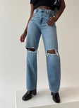 Jeans High rise Dark wash denim Belt looped waist Zip and button fastening Classic five pocket design Straight leg Ripped knee