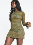 Long sleeve mini dress Mesh material Paisley print High neckline Flared sleeve  Good stretch Partially lined