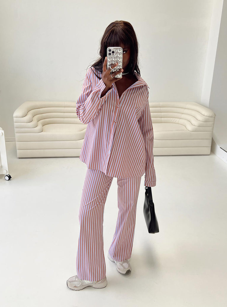 Purple matching set Striped print Long sleeve shirt Classic collar  Button fastening at front Button cuff Pants Elasticated waistband Straight leg