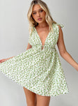 Floral mini dress Plunging neckline, tie fastening shoulder straps, elasticated waistband Non-stretch material, lined bust