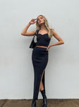 Matching set Ribbed material Crop top Sweetheart neckline Midi skirt Thick elasticated band at waist Good stretch Unlined 