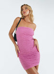 Pink strapless mini dress Inner silicone strip Invisible zip fastening at side Slight ruching at side Good stretch Fully lined