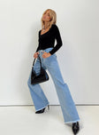 Wide leg jeans Mid wash denim Front button and zip fastening Belt looped waist Twin hip pockets Faux back pockets Ripped leg Frayed hem