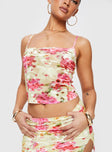 Floral print crop top Scooped neckline, adjustable shoulder straps Good stretch, unlined, sheer