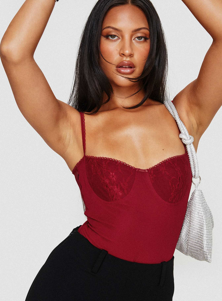 Red Sheer Lace Bustier Bodysuit