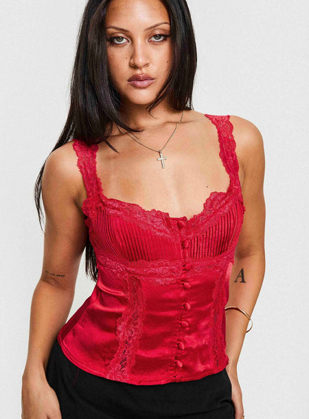 Geometric Lace Bustier Top - Red