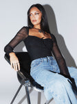 Long sleeve black bodysuit slim fitting Mesh material Ruches bust Exposed back Twin tie fastening at back High cut leg Cheeky style bottom  Press clip fastening