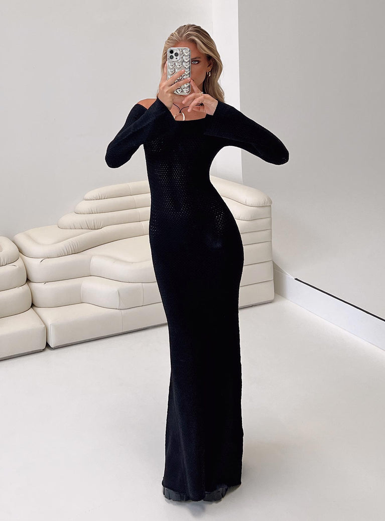 Long sleeve maxi dress Knit material Off the shoulder design Wide neckline Slightly flared cuff