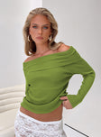 Green sweater Ribbed knit material Off the shoulder design Folded neckline Good stretch Unlined 