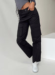 Black cargo pants High rise Belt looped waist Zip and button fastening Faux back pockets Twin leg pockets Straight leg