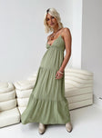 V-neck maxi dress Cross strap fastening at back, elasticated band at back, tiered skirt, invisible zip fastening at side