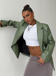 Green blazer Faux leather Twin front pockets Padded shoulders Fully lined 