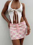 Mini skirt Crochet material Floral design Drawstring waist Good stretch