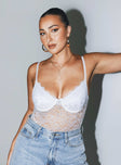 Bodysuit Sheer lace material Adjustable shoulder straps Sweetheart neckline High cut leg Cheeky bottom Press clip fastening