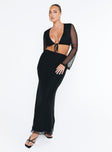 Black matching set slim fitting Mesh material Long sleeve top Deep v neckline Tie fastening at front Maxi skirt Good stretch Partially lined