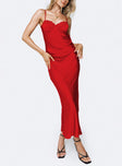 Red maxi dress Silky material Adjustable shoulder straps Sweetheart neckline Wired cups Hook fastening at back Invisible zip fastening at side