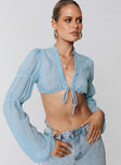 Blue long sleeve crop top Open front Tie fastening Elasticated sleeve detail Adjustable coverage Frill detail