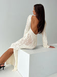 Long sleeve maxi dress Wide neckline, low back, flared sleeves, high leg slit Good stretch, unlined, sheer