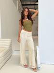 Pants Knit material High rise Zip and button fastening  Elasticated waistband at back Wide leg 