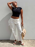 White pants Belt looped waist Zip and button closure Four pocket design Wide leg