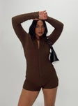 Brown long sleeve romper Textured material Classic collar Button fastening at front