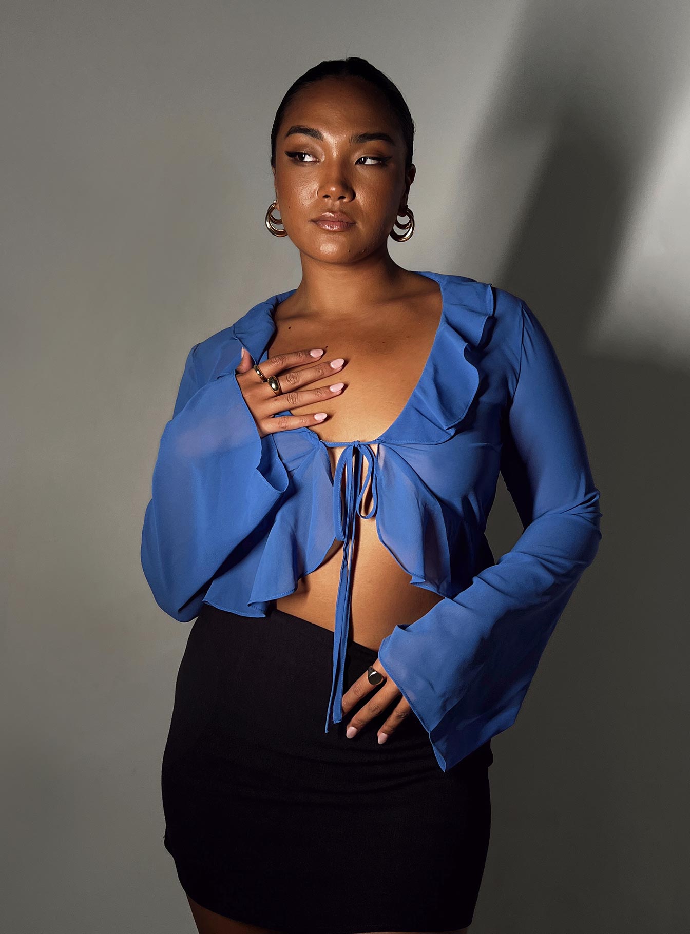 Blue sheer long sleeve top on sale