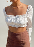 Long sleeve crop top Broderie material Wide square neckline Frill detail  Elasticated cuffs