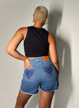 Denim shorts Mid-wash denim Belt looped waist Front button & zip fastening  Four pocket design Gold & silver-toned embellishments on back pockets Raw cut hem