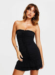 Strapless mini dress Ruching all throughout, center frill detail along front, two tiered frill hem