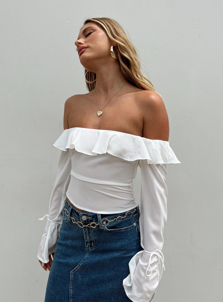 Long sleeve top Off-the-shoulder design Inner silicone strip at bust Frill detail neckline Invisible zip fastening at side Removable wrist ties