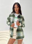 Plaid shacket Button front fastening, classic collar, single button cuff, twin chest pockets, curved hem