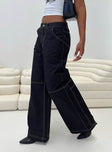 Pants Wide-leg, mid-rise, contrast white stitching, twin hip pockets, oversized pockets on back Belt looped waist, button zip fastening 