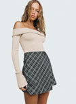 Navy mini skirt Plaid print Wrap style with button fastening at front Invisible zip fastening at side