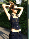 Corset top  Dark denim wash, contrast stitching, V- shape hem, fixed straps Button fastening at front