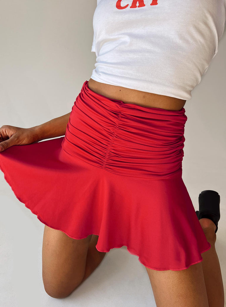 Red mini skirt Wide ruched waistband Frill hem